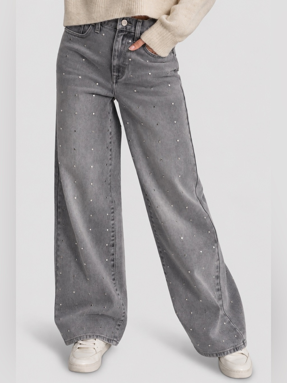 DKNY Studded High Rise Wide Leg Jeans Gray Washington 31 NWT